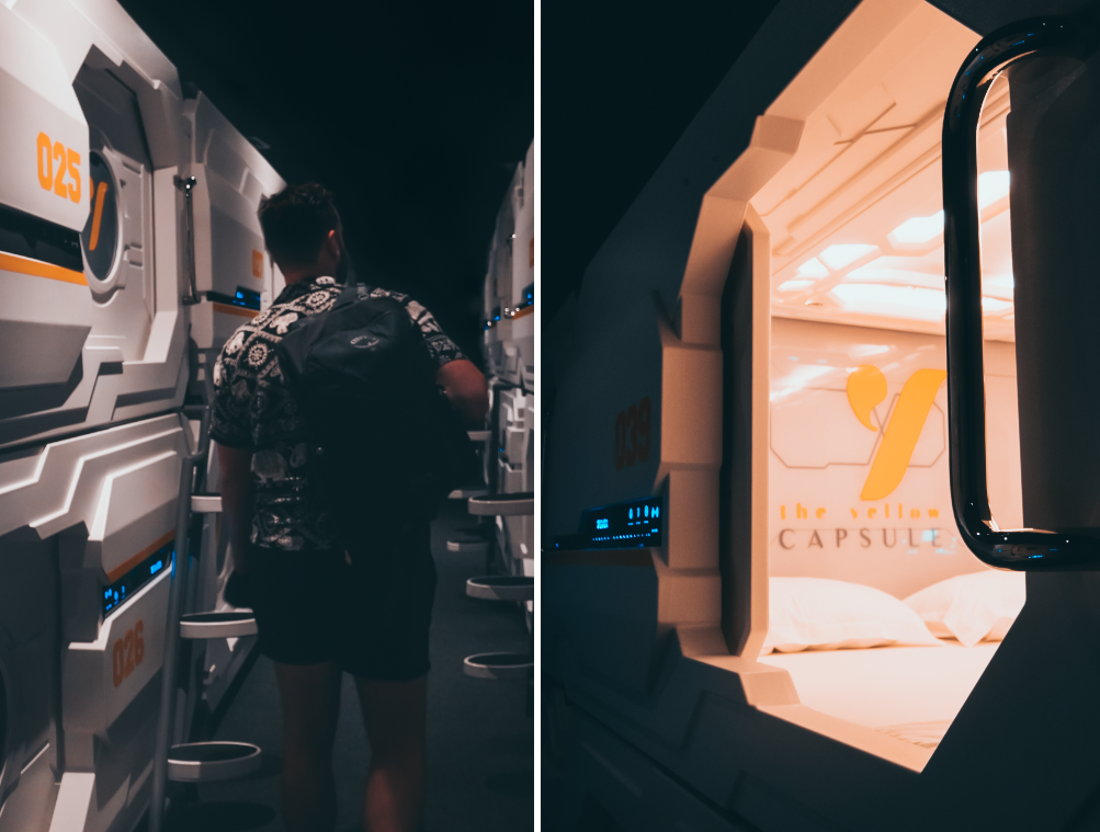 Exploring a capsule hotel at night