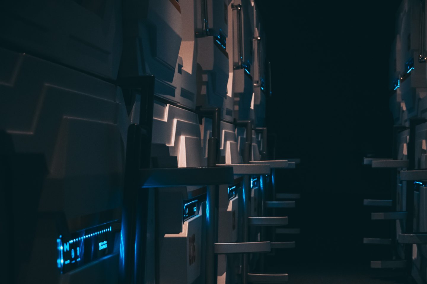 A collection of capsule hotel rooms