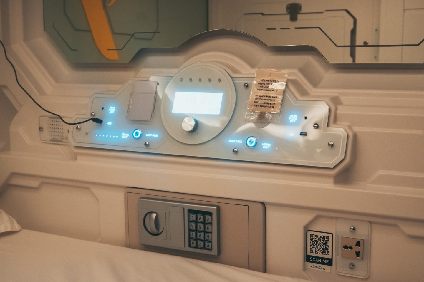 The inside of a capsule hotel room